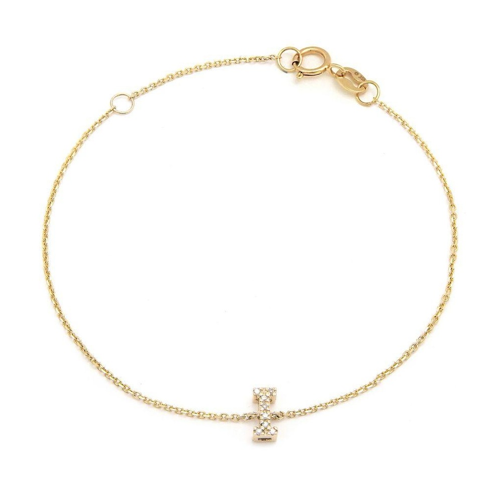 14K Real Yellow Gold  Initial ”I” Single Prong Diamond Bracelet 7+1″